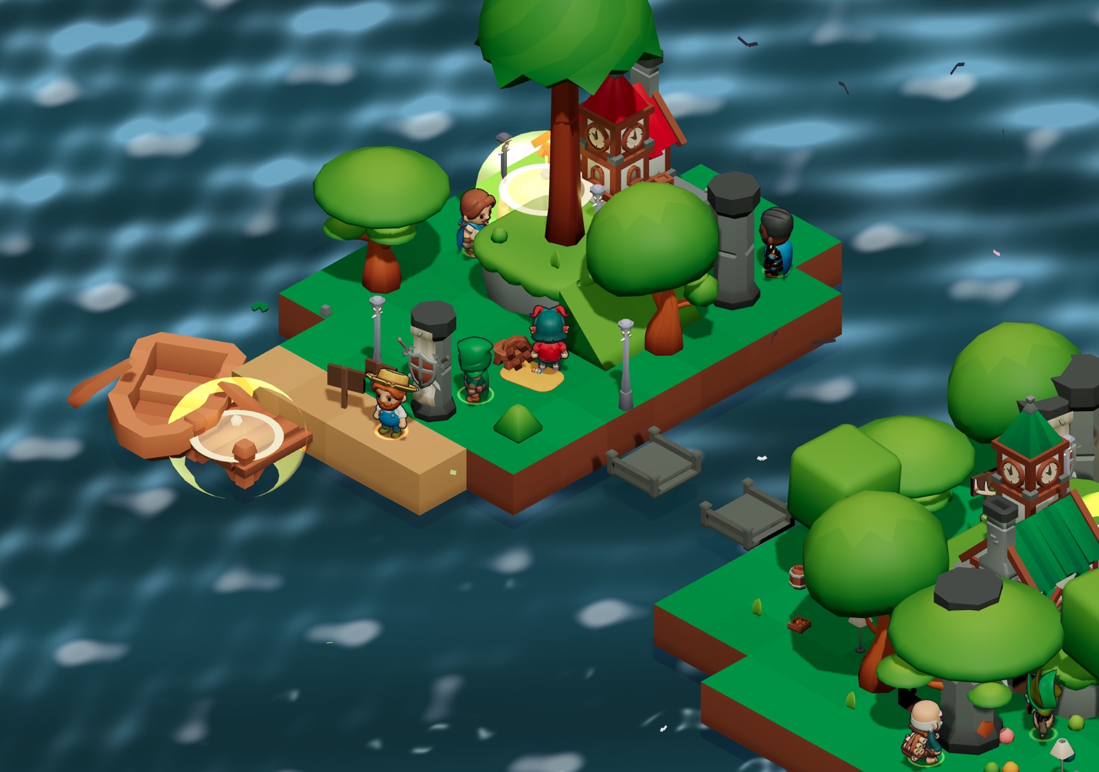 The ZiMM islands with paths, trees, buildings and characters.